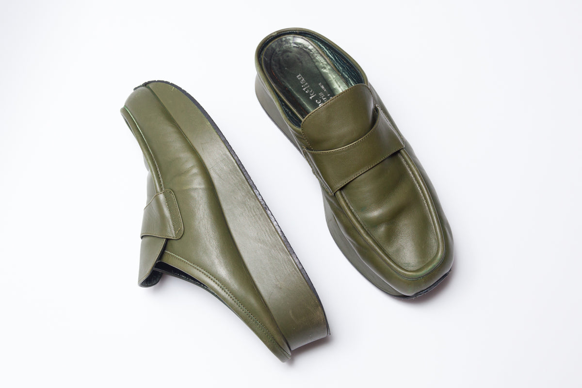 Stephane Kelian Paris Vintage Green Leather Slip on Open Heel 